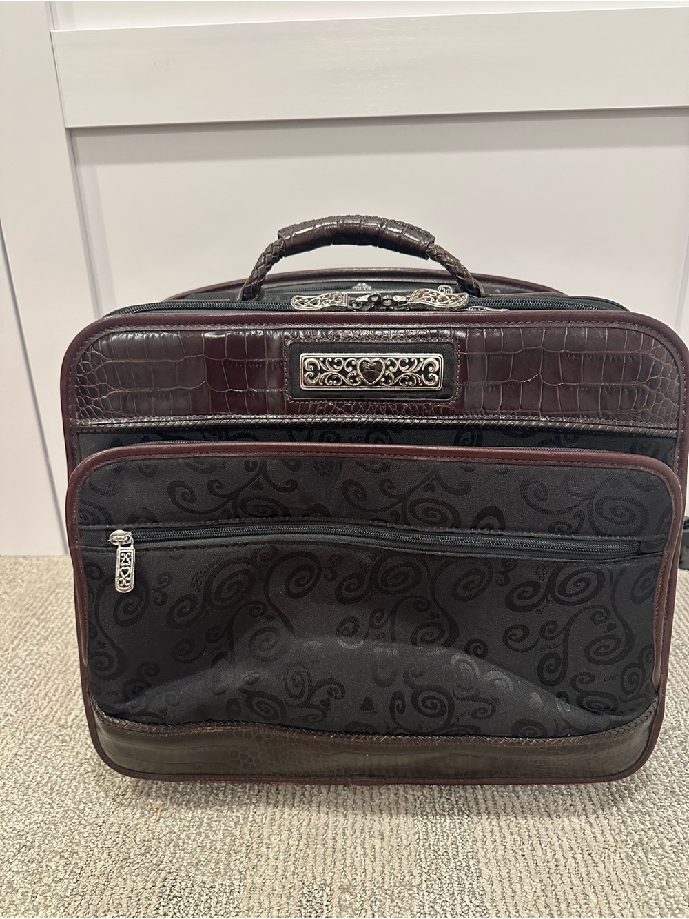 Vintage Brighton Black Scroll & Brown Croc Leather Rolling Laptop Bag Carry-On